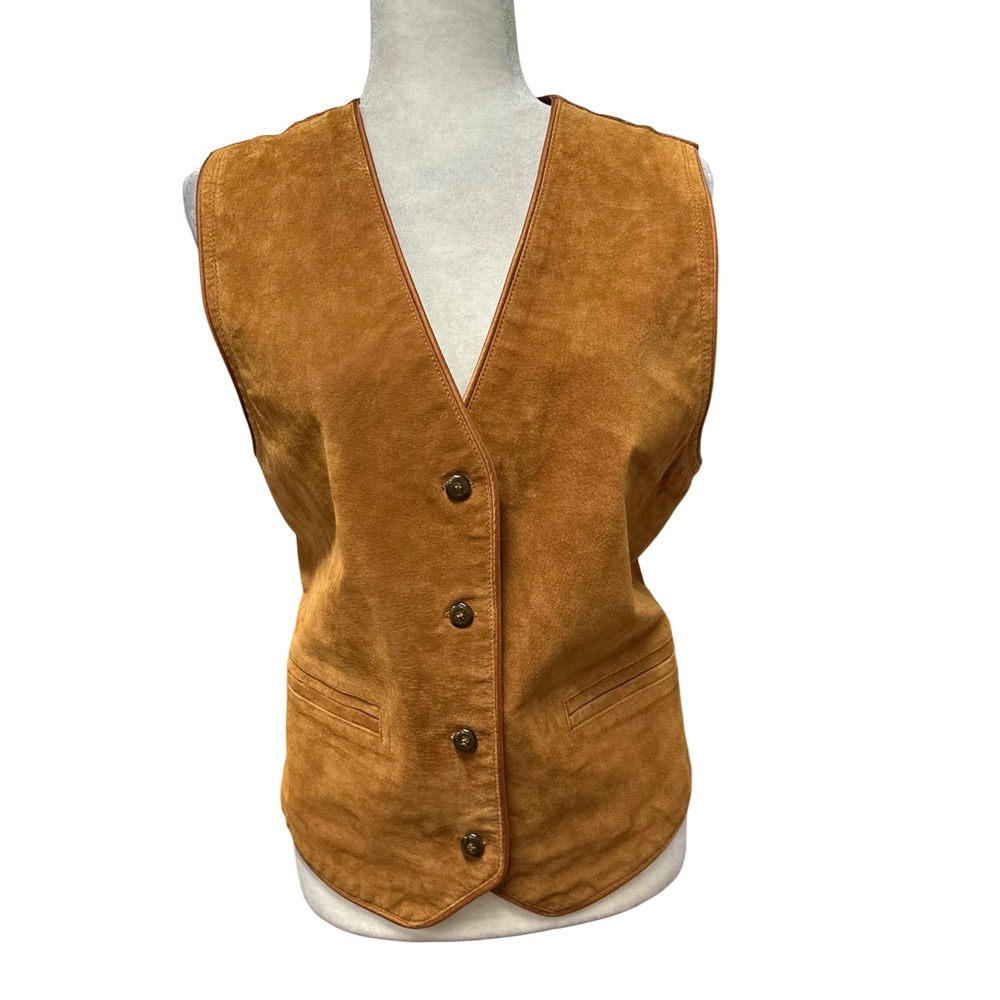 Vtg 90s Womens‎ Genuine Suede Leather Vest Cognac Size L P Western Rodeo Cowgirl